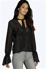 Claire Pussy Bow Fluted Sleeve Blouse at boohoo.com