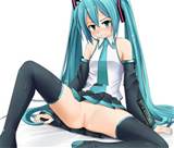 _sleeves eto hatsune_miku headset long_hair necktie no_panties pussy ...