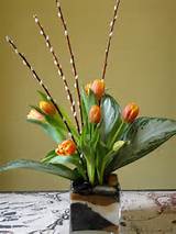 Tulips, Tropical Leaves & Pussy Willow Classic Floral Arrangement