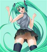 ... miku_hatsune no_panties open_mouth pussy skirt solo thighhighs